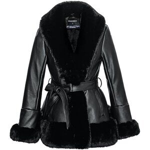 Women's Faux Leather Jacket with Faux Fur Collar Winter Long Sleeve Furry Trim